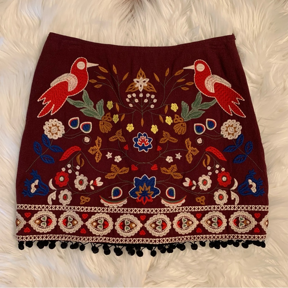 Altar’d State Linen Cotton Embroidered Bird & Floral Wine Lined Skirt Pom Pom